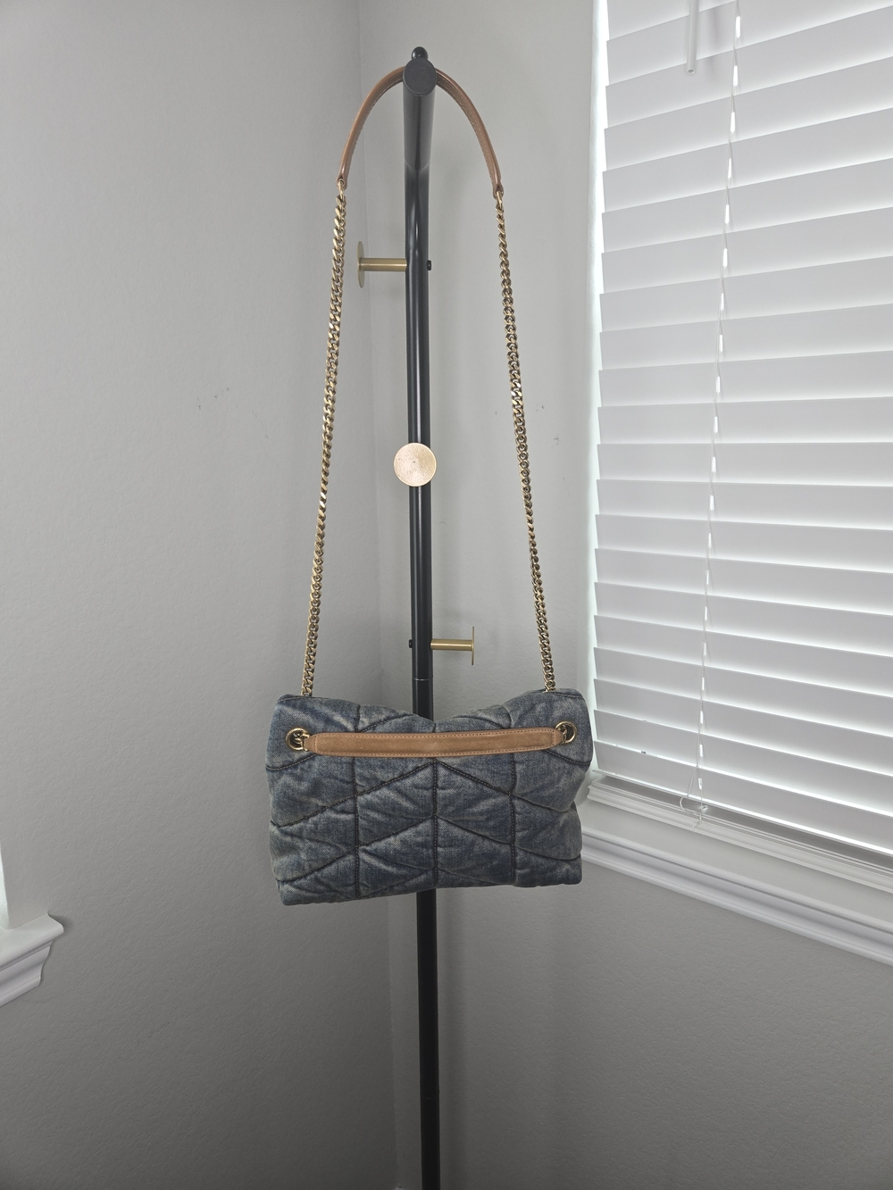 Saint Laurent Quilted Denim Shoulder Bag with Gold Chain and Tan Leather Pad - Picture 4 of 9